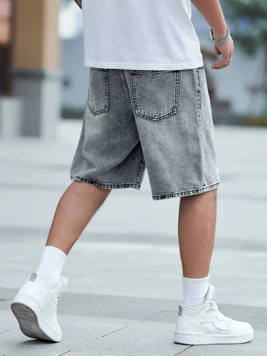 Manfinity Roughcore Men Slant Pocket Denim Shorts Summer Plain Jorts Baggy Light Grey For Husband, Boyfriend Gifts Vacation