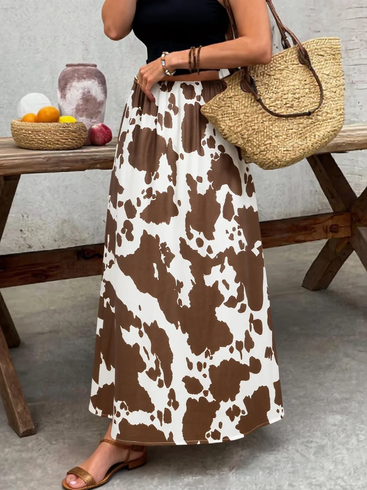 Ladies High-Waist A-Line Skirt with Cow Print Versatile for Daily Commute Vacation Suitable Half-Length Skirt