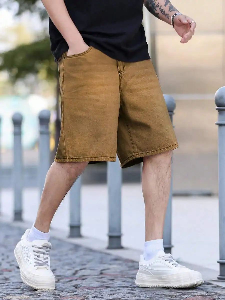 Manfinity Roughcore Men Slant Pocket Denim Shorts Summer Plain Jorts Baggy Light Grey For Husband, Boyfriend Gifts Vacation