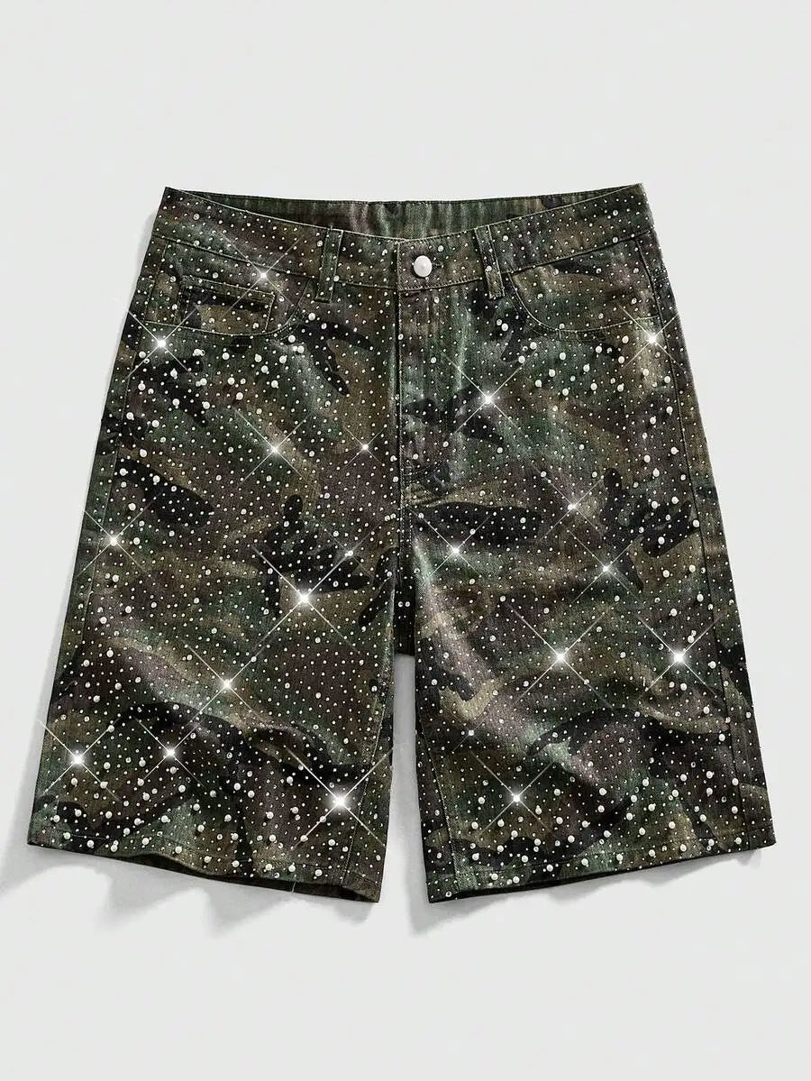 ROMWE MEN Street Life Spring/Summer Casual Men'S Pearl & Diamond Decor Loose Denim Shorts