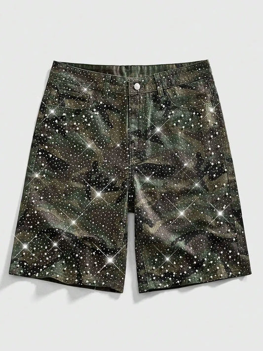 ROMWE MEN Street Life Spring/Summer Casual Men'S Pearl & Diamond Decor Loose Denim Shorts