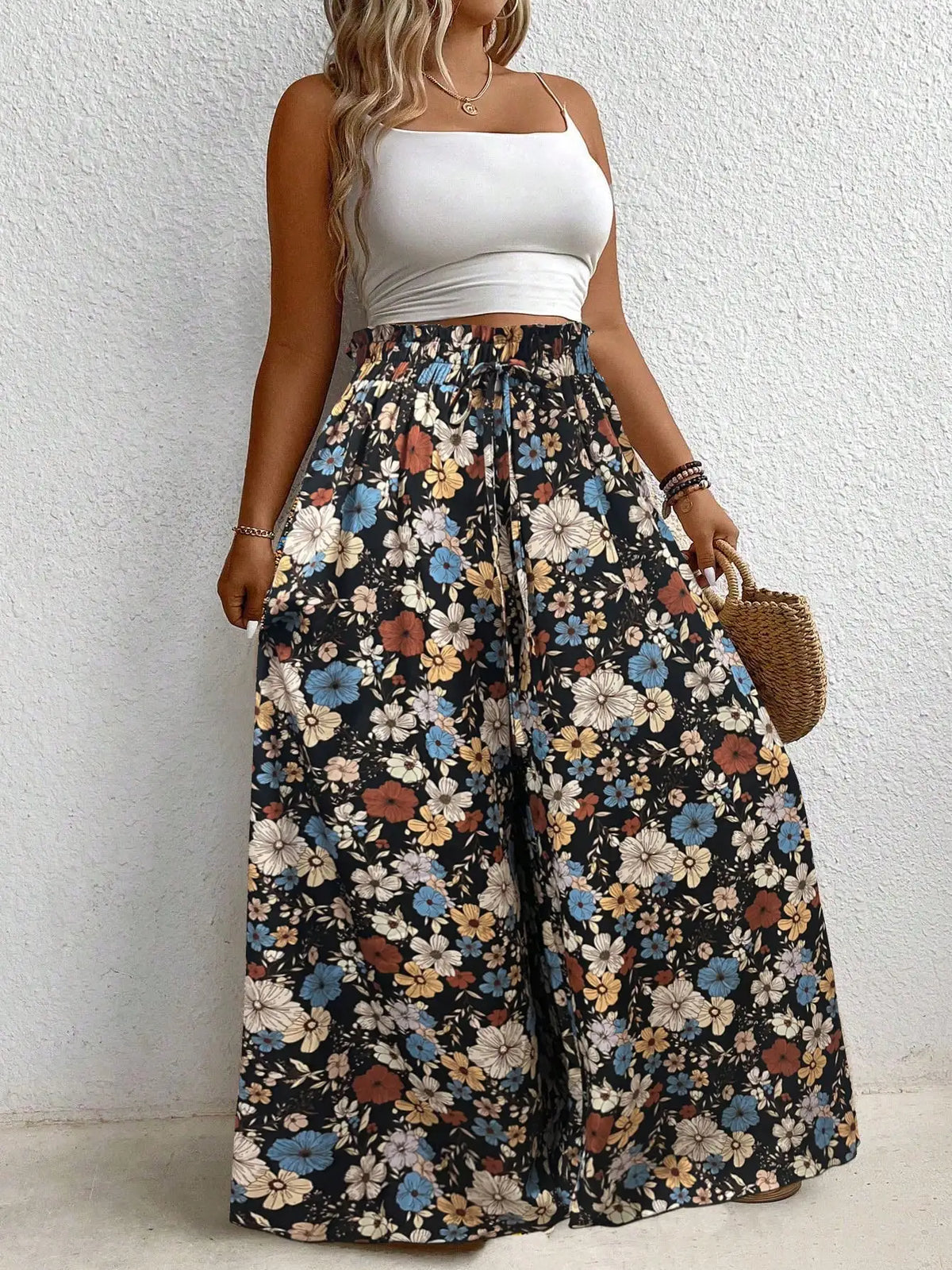 Plus Size Women's Clothing Loose Comfortable Commuting Casual Style Summer Printed Long Pants Elastic Waist Drawstring Draped Wide Leg Pants