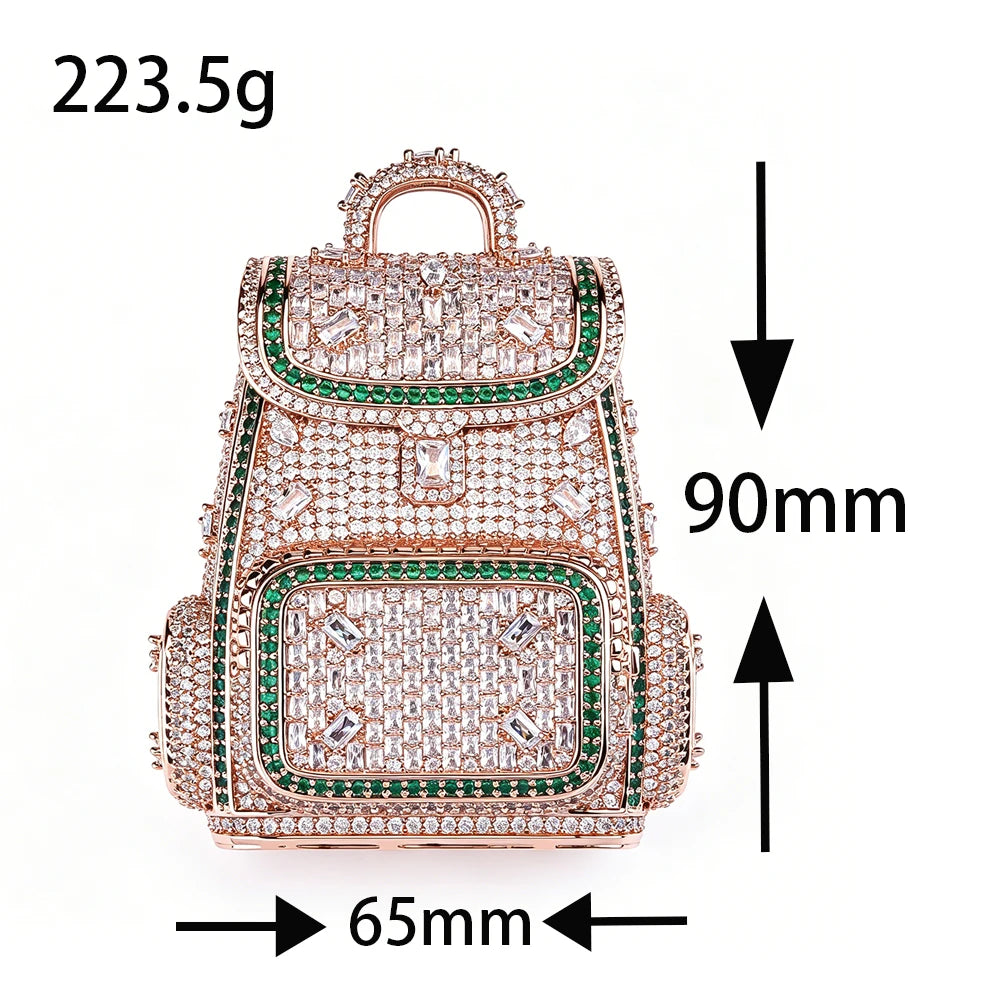 Luxury 18K Rose Gold Plated  Mini Backpack Pendant Full Diamond Clear Green Cubic Zirconia Hip Hop Jewelry Wealth Bag Charm Bling Necklace Accessories for Men Women Rap Club Daily Doller Money Bag Design Fine Jewelry Gifts fo