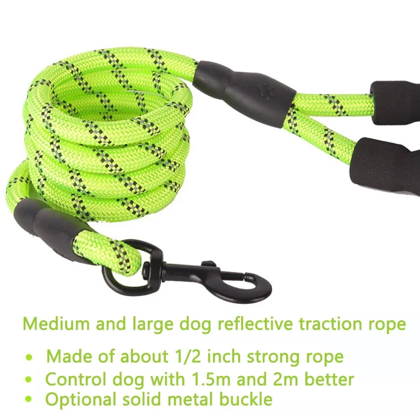 1.5M/2M/3M Large Dog Rope Round 1.2CM Nylon Pet Leash Strengthen Reflective Rope Walking Dog Traction Collar Harness Dog Lead