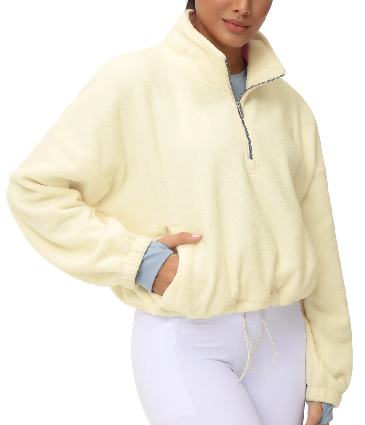 THE GYM PEOPLE Women’s Half Zip Crop Pullover Sweatshirt Fleece Loose Fit Workout Tops with Pockets Drawstring Hem