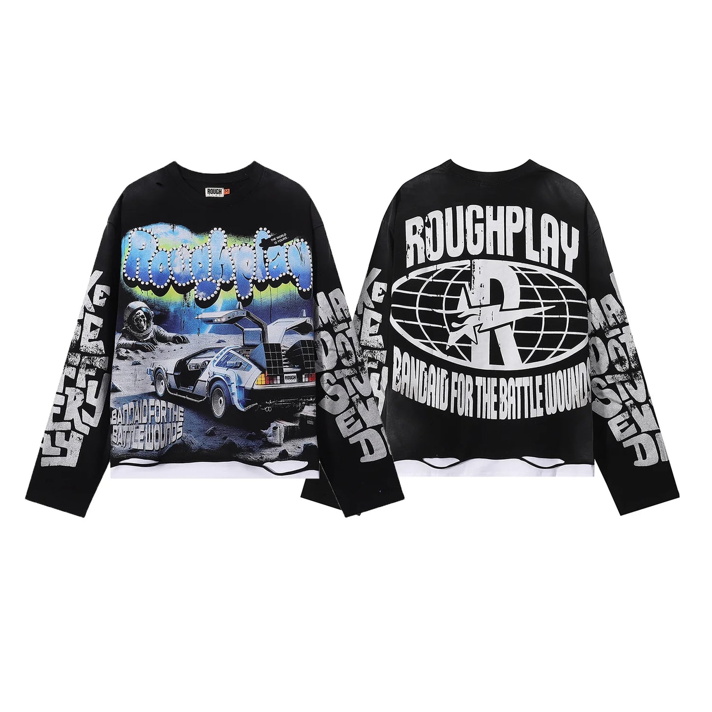 New American Style Rough Play Splicing Shinning Diamond 100% Cotton long sleeves T-shirts for Men Women Crew Neck Loose Summer T-shirt Oversized Tees