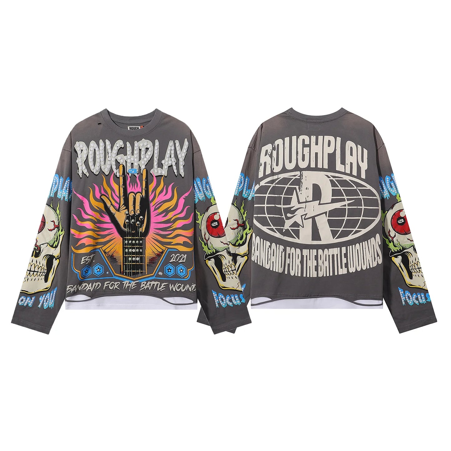 New American Style Rough Play Splicing Shinning Diamond 100% Cotton long sleeves T-shirts for Men Women Crew Neck Loose Summer T-shirt Oversized Tees