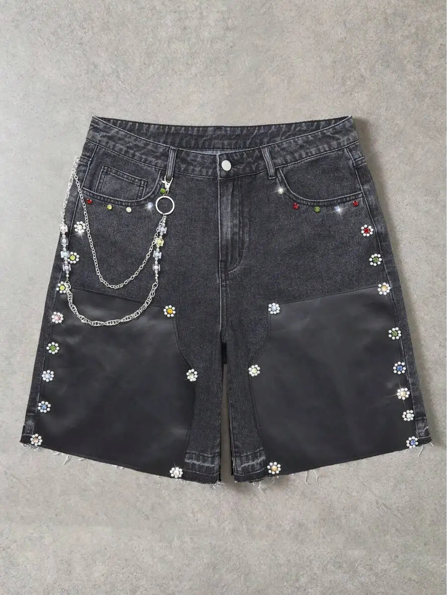 Street Life Casual Fashion Street Vacation Commute Colorful Rhinestone Patchwork PU Leather Loose Denim Shorts,