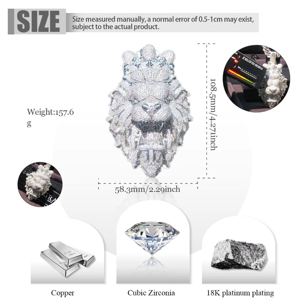 Iced Out Lion Head With Crown Pendant Micro Pave Cubic Zirconia 18K Gold Plated Hip Hop Jewelry Bling 3D Roaring Lion Medallion Mens Street Rap Cuban Chain Necklace Accessories Full Diamond Luxury Charm Fine Jewelry Gifts for
