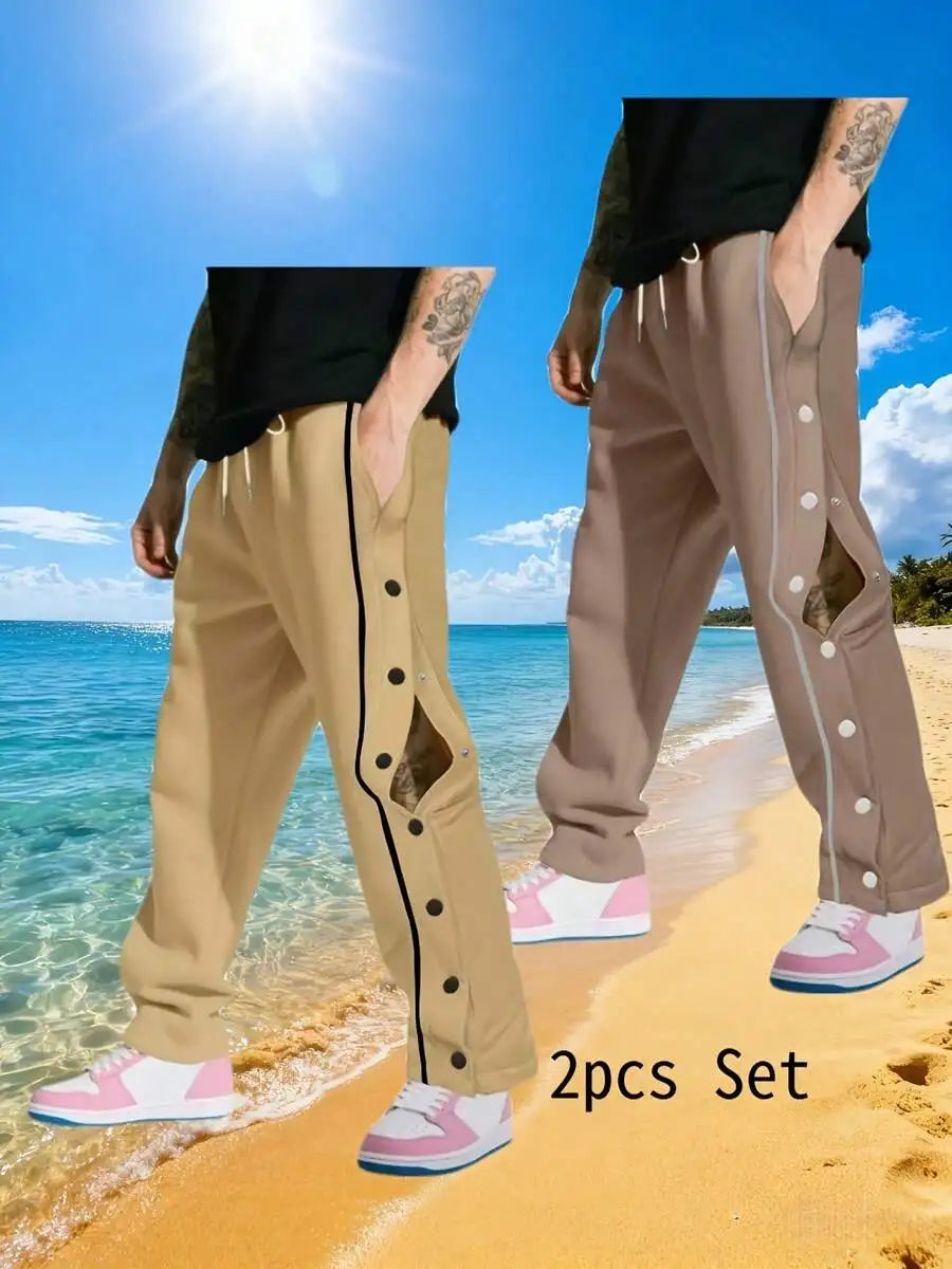 2pcs Set Mens Snap Button Workout Sweatpants, Loose Fit Straight Tear Away Running Jogger Pants, Casual Stylish Gym Yoga