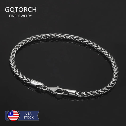 3mm 925 Sterling Silver Wheat Chain Bracelet for Men Handmade Braided Retro Simple Fashion Jewelry Gift US Local Shipping