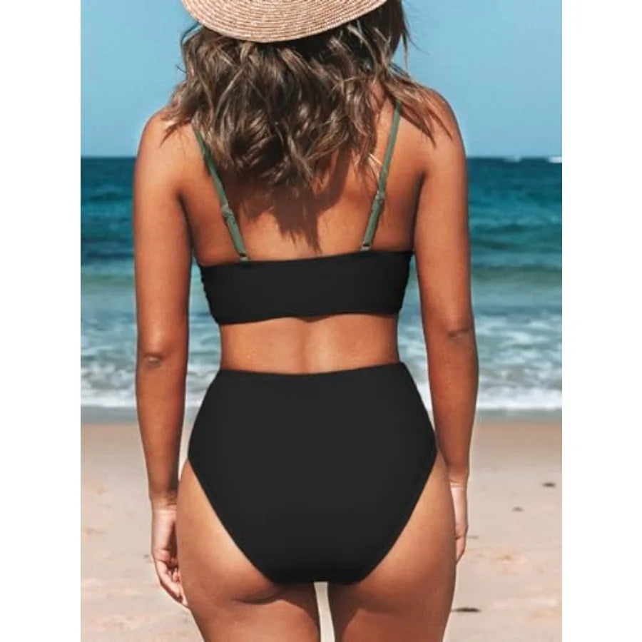 Women's Bikini Sets Two Pcs Swimsuit High Waisted V Neck Twist Front Adjustable Spaghetti Straps Bathing Suit
