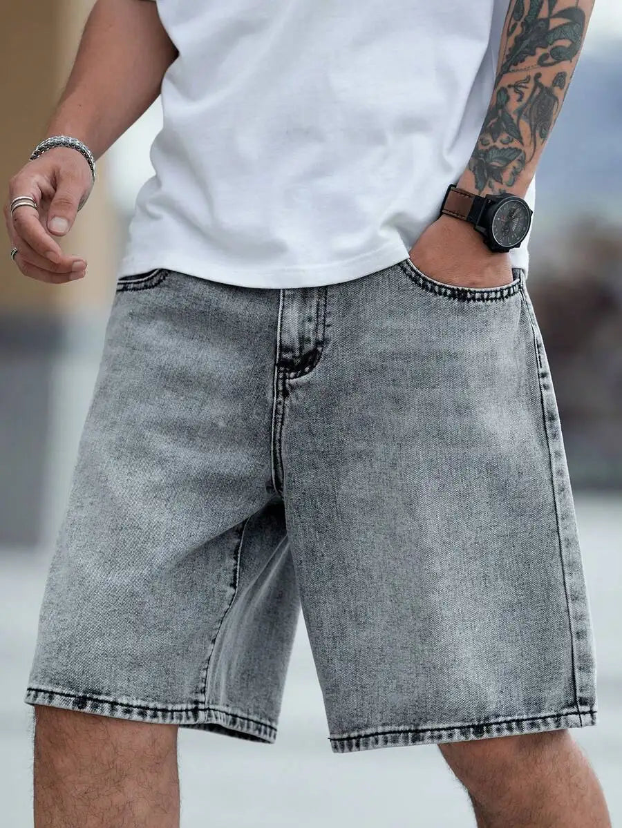 Manfinity Roughcore Men Slant Pocket Denim Shorts Summer Plain Jorts Baggy Light Grey For Husband, Boyfriend Gifts Vacation