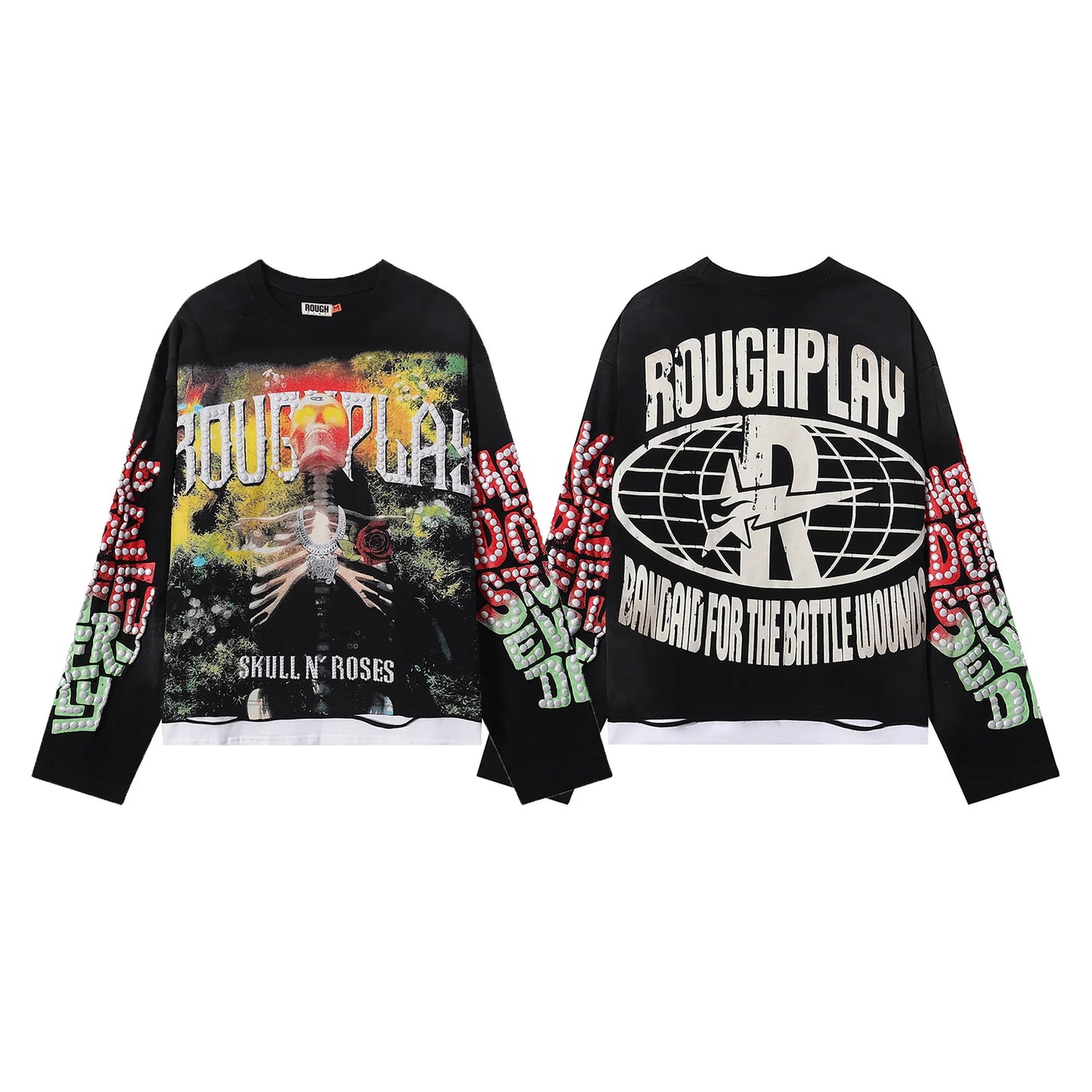 New American Style Rough Play Splicing Shinning Diamond 100% Cotton long sleeves T-shirts for Men Women Crew Neck Loose Summer T-shirt Oversized Tees