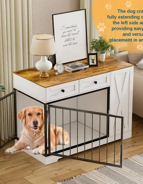 Load image into Gallery viewer, Dog Crate Furniture Kennel with Double Doors, Wooden Pet House with 2 Drawers and Pet Feeder Station Storage Cabinet
