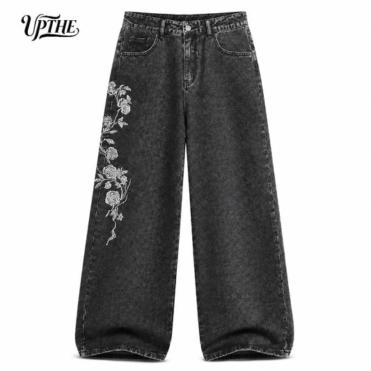 Vintage Washed Black Baggy Wide Leg Jeans, Y2K Oversized Loose White Rose Vine Embroidery Denim Pants, Gothic Grunge Streetwear Trousers for Daily Outfits