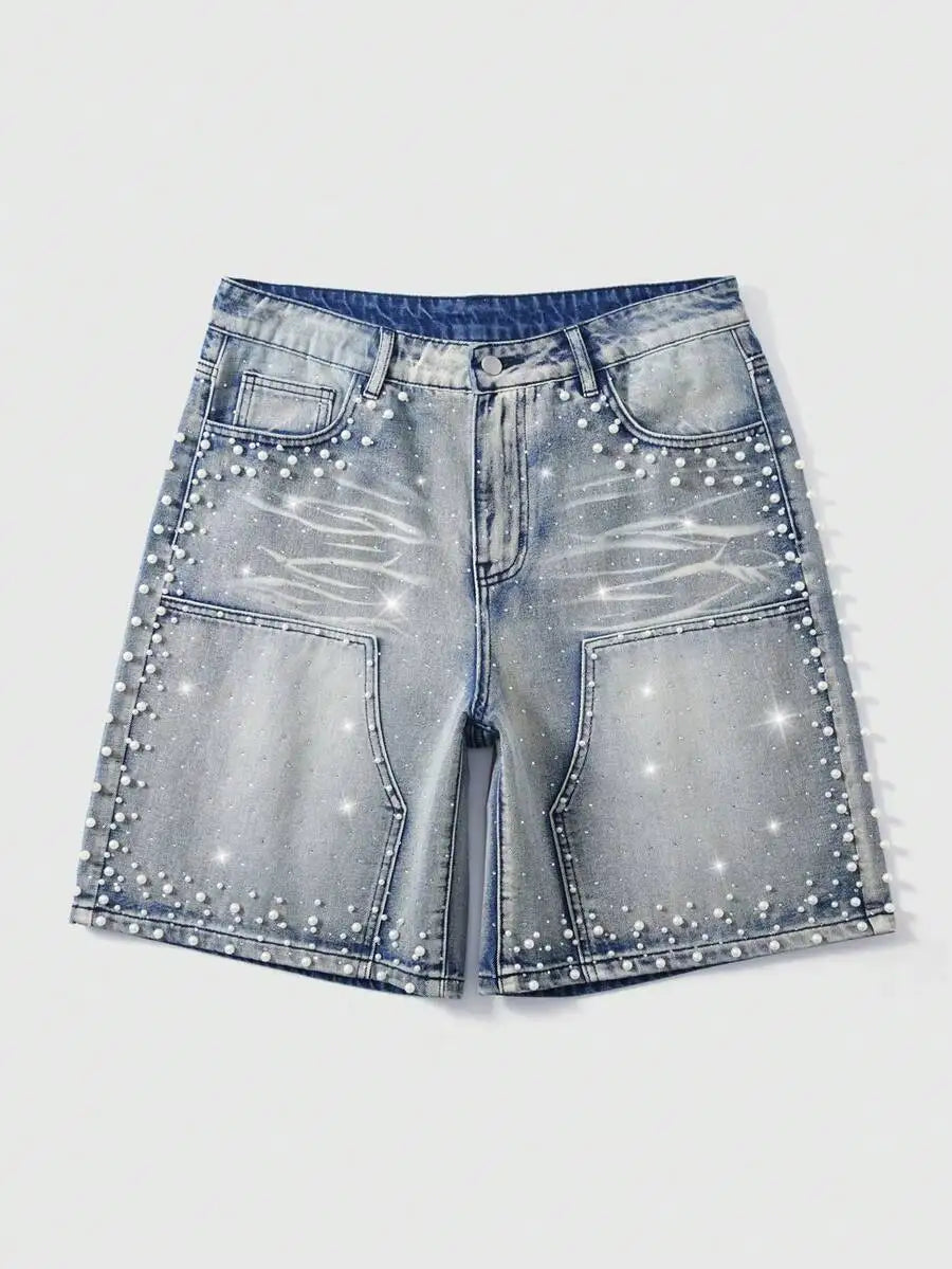 Street Life Casual Fashion Street Vacation Commute Colorful Rhinestone Patchwork PU Leather Loose Denim Shorts,