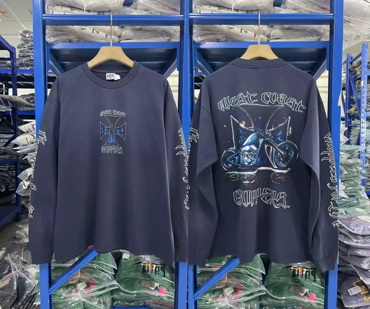New Y2K Saint × West-Coast Choppers Co branded long sleeved washed distressed cross print 100% pure cotton loose men's long sleeved T-shirt