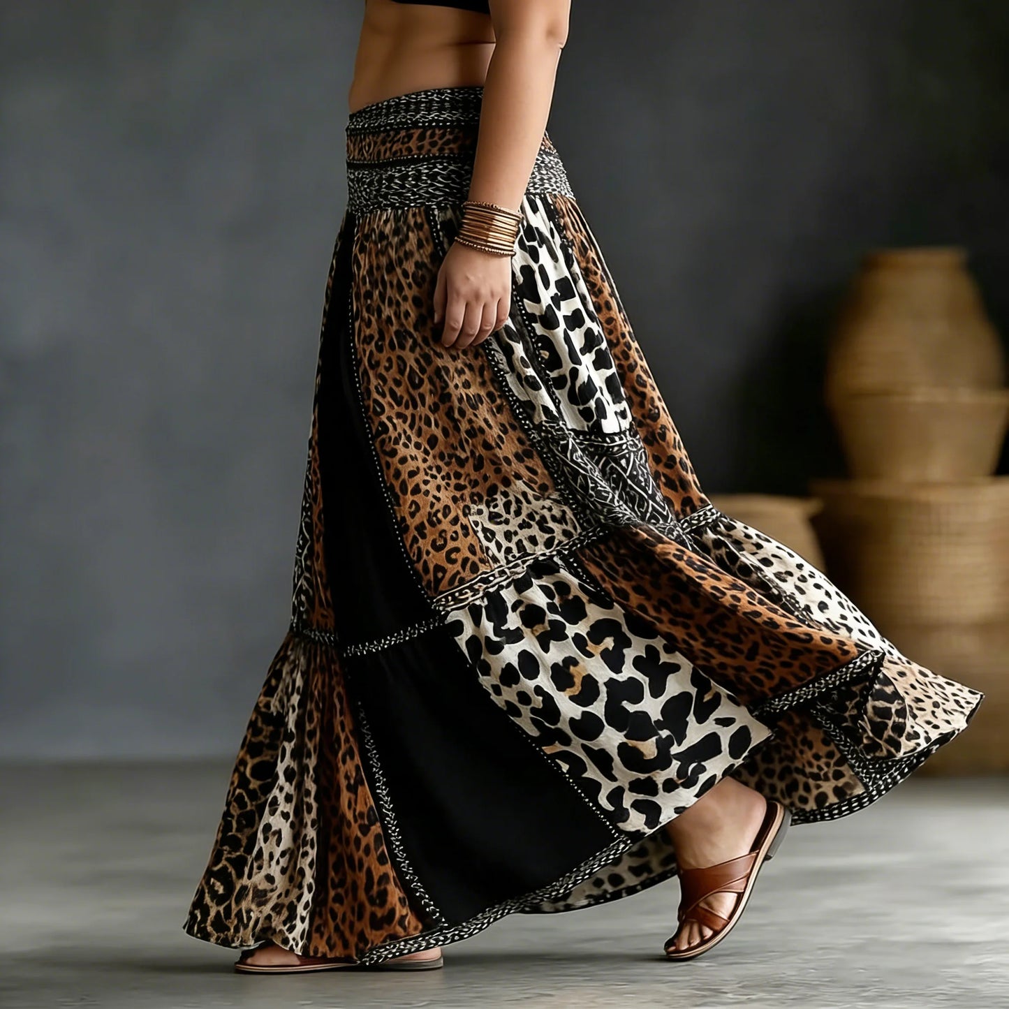 Boho Style Women Summer High Waist Patchwork Leopard Print Tiered Maxi Skirt