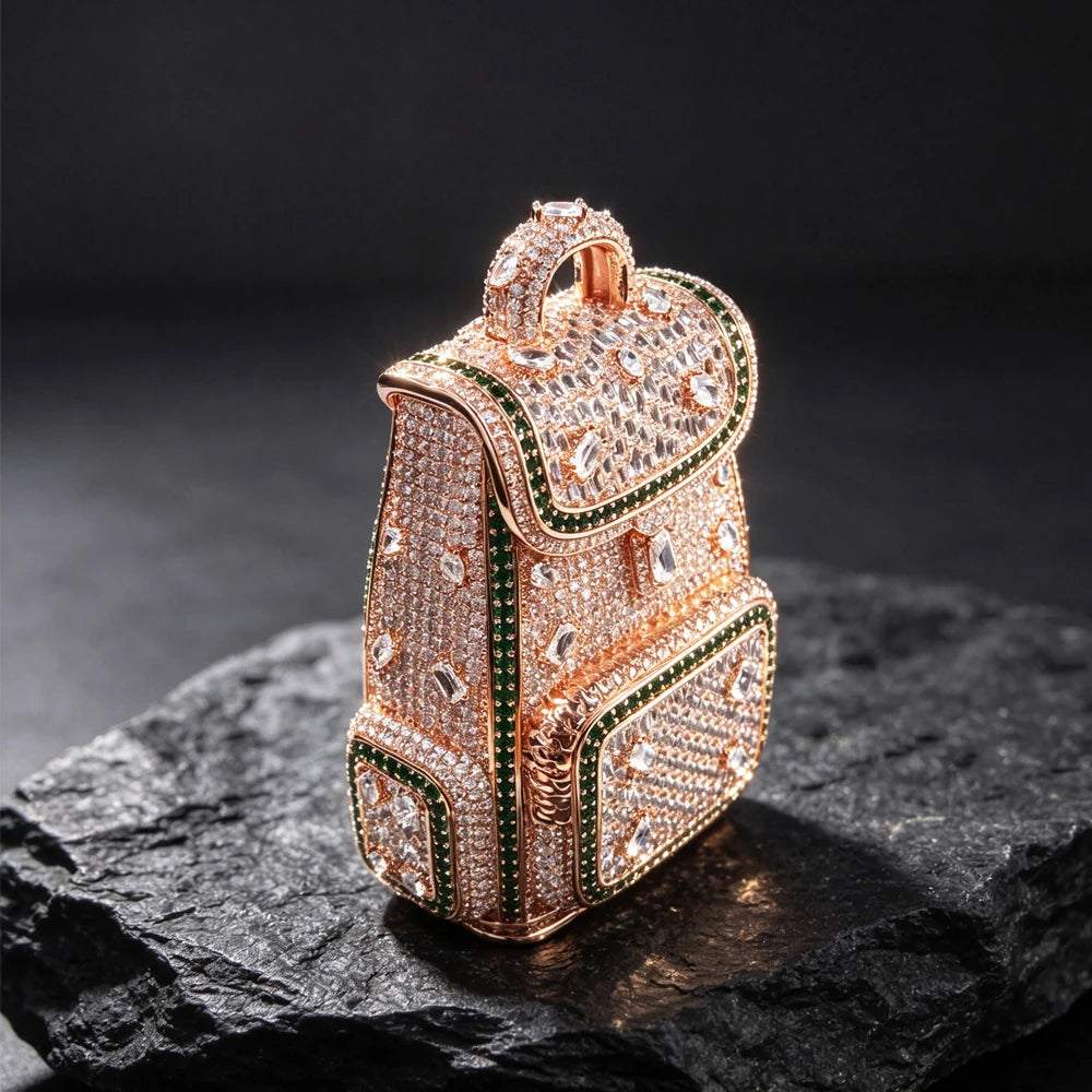 Luxury 18K Rose Gold Plated  Mini Backpack Pendant Full Diamond Clear Green Cubic Zirconia Hip Hop Jewelry Wealth Bag Charm Bling Necklace Accessories for Men Women Rap Club Daily Doller Money Bag Design Fine Jewelry Gifts fo
