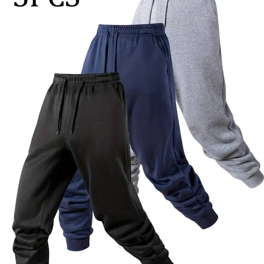 3pcs Men's Fleece Lined Solid Jogger Sweatpants With Drawstring, Casual Sports Trousers For Autumn And Winter