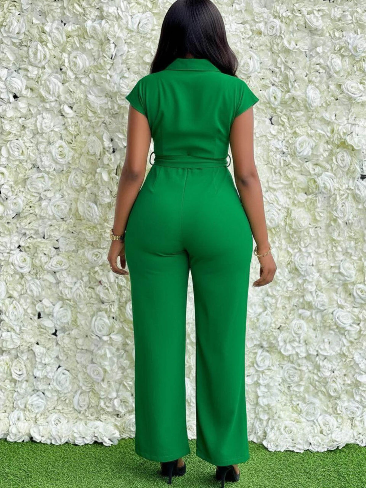 Women's Lapel Cap Sleeve Zipper Front Pocket Belted Wide Leg Jumpsuit For Daily Party Dating Casual Fashion Occasions
