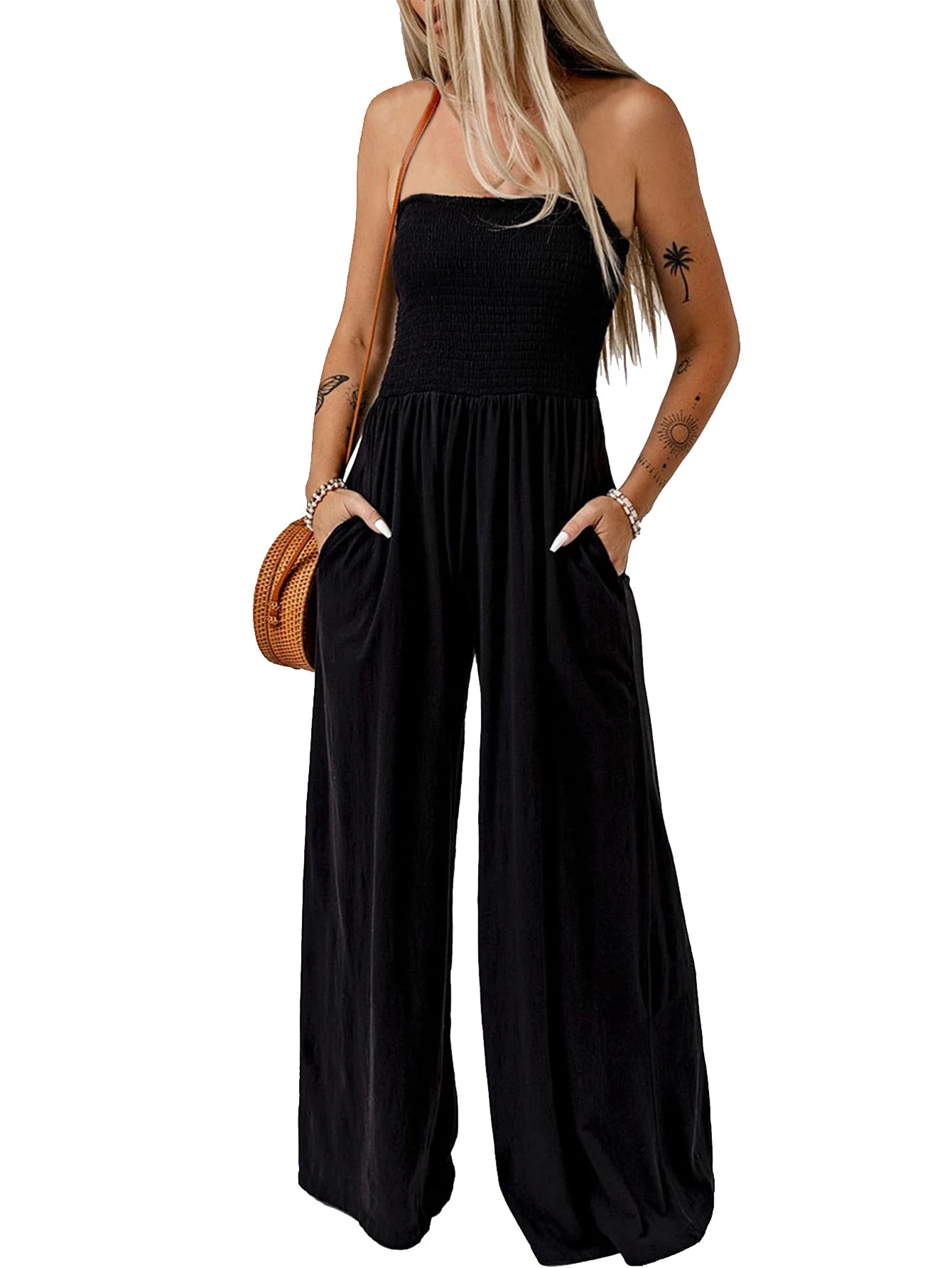 Summer solid-color strapless jumpsuit for women, with a casual commuting style, simple and elegant
