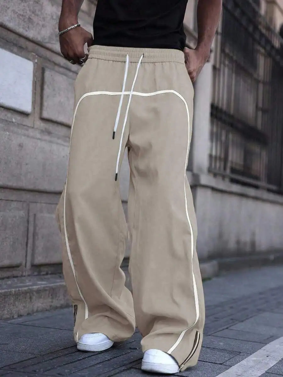Men's  Side Stripe Drawstring Wide Leg Sweatpants, Casual Hip Hop Streetwear Loose Joggers, Soft And Breathable Casual Pants