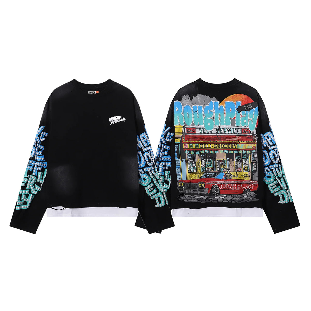 New American Style Rough Play Splicing Shinning Diamond 100% Cotton long sleeves T-shirts for Men Women Crew Neck Loose Summer T-shirt Oversized Tees