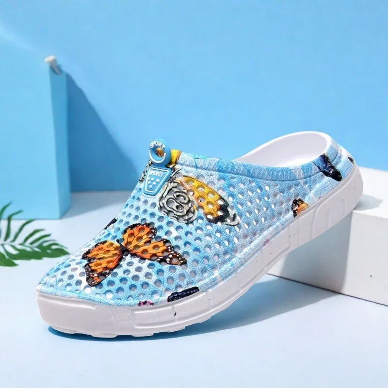 Women's Lightweight Slip-On Clog Shoes Butterfly Print Flat Bottom Indoor Outdoor Beach Casual Sandals Comfortable Home Slippers