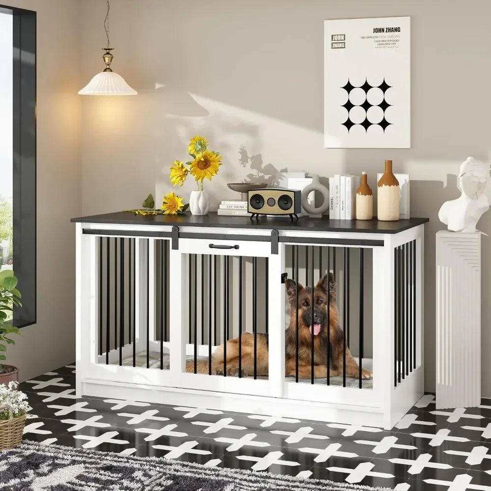 Dog Crate Furniture, 55" Indoor Heavy Duty Dogs Kennel House with Sliding Doors, Dog Crate Table Side End Table TV Stand