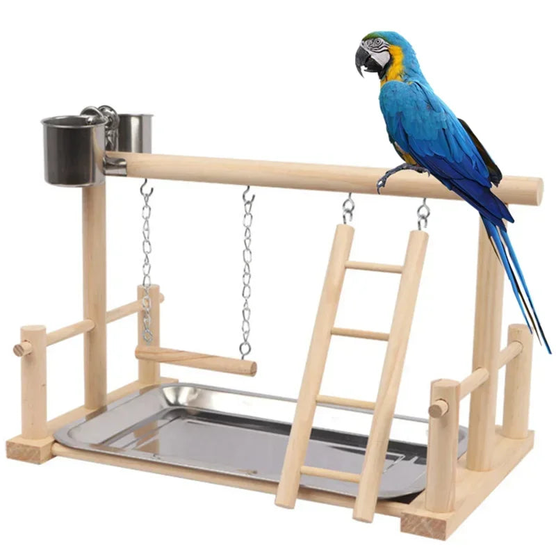 Stand Feeder Plate Playground Solid Pet Plays Wooden Parrot Playstand Wood Ladder With Perch Steel Bird Parrots