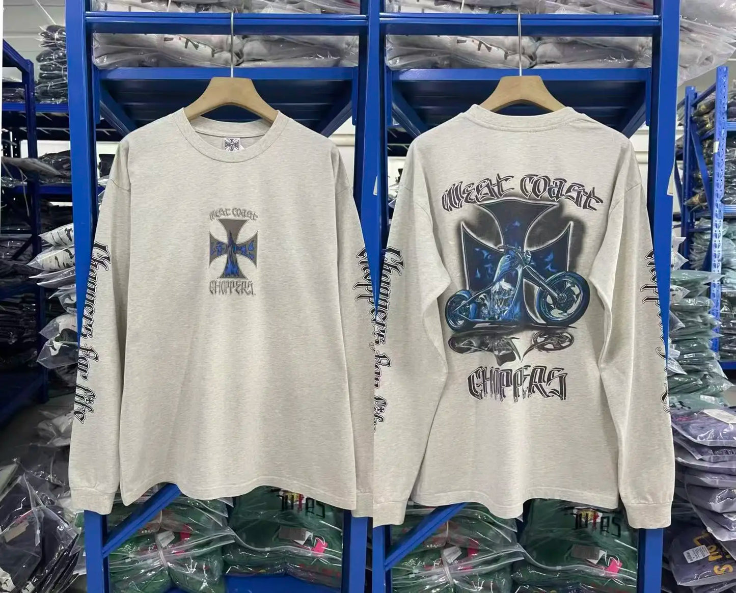 New Y2K Saint × West-Coast Choppers Co branded long sleeved washed distressed cross print 100% pure cotton loose men's long sleeved T-shirt