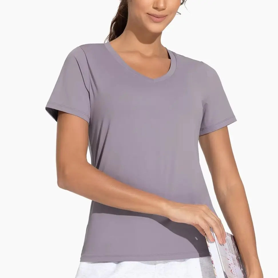 THE GYM PEOPLE Women's Breathable Workout Shirts V-Neck Short sleeve Stretchy Basic Athletic Tops | for yoga, running and casual