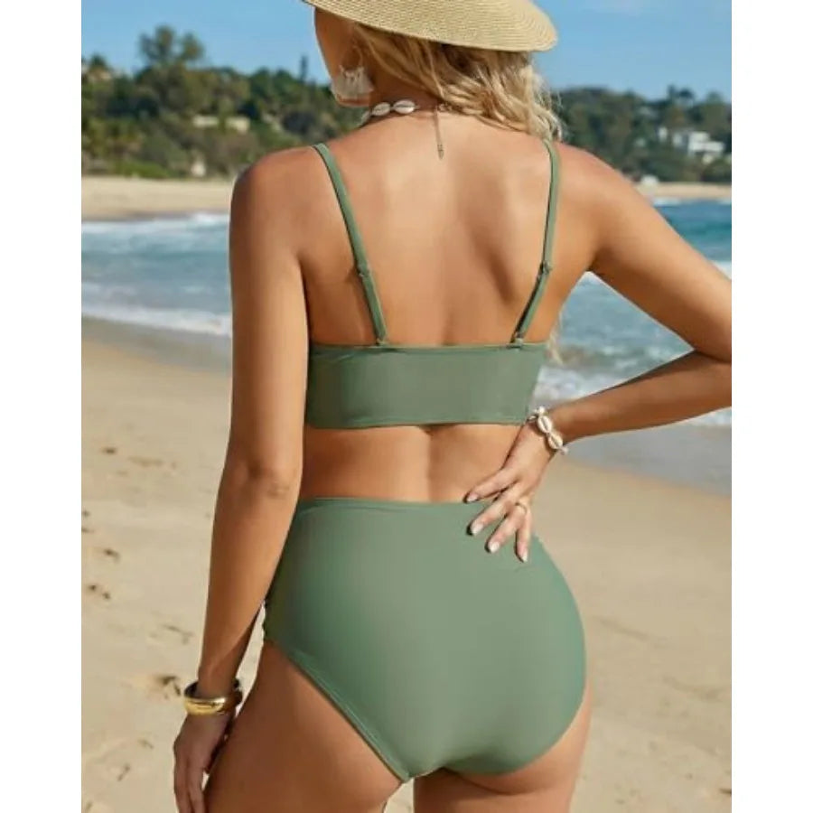 Women's High Waisted Bikini Sets Push Up Twist Front Spaghetti Straps Ruched Two Pcs Swimsuit Bathing Suit