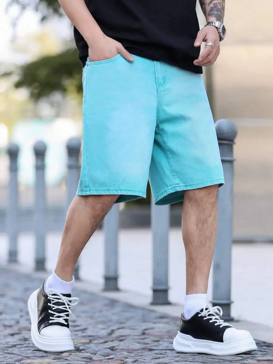 Manfinity Roughcore Men Slant Pocket Denim Shorts Summer Plain Jorts Baggy Light Grey For Husband, Boyfriend Gifts Vacation