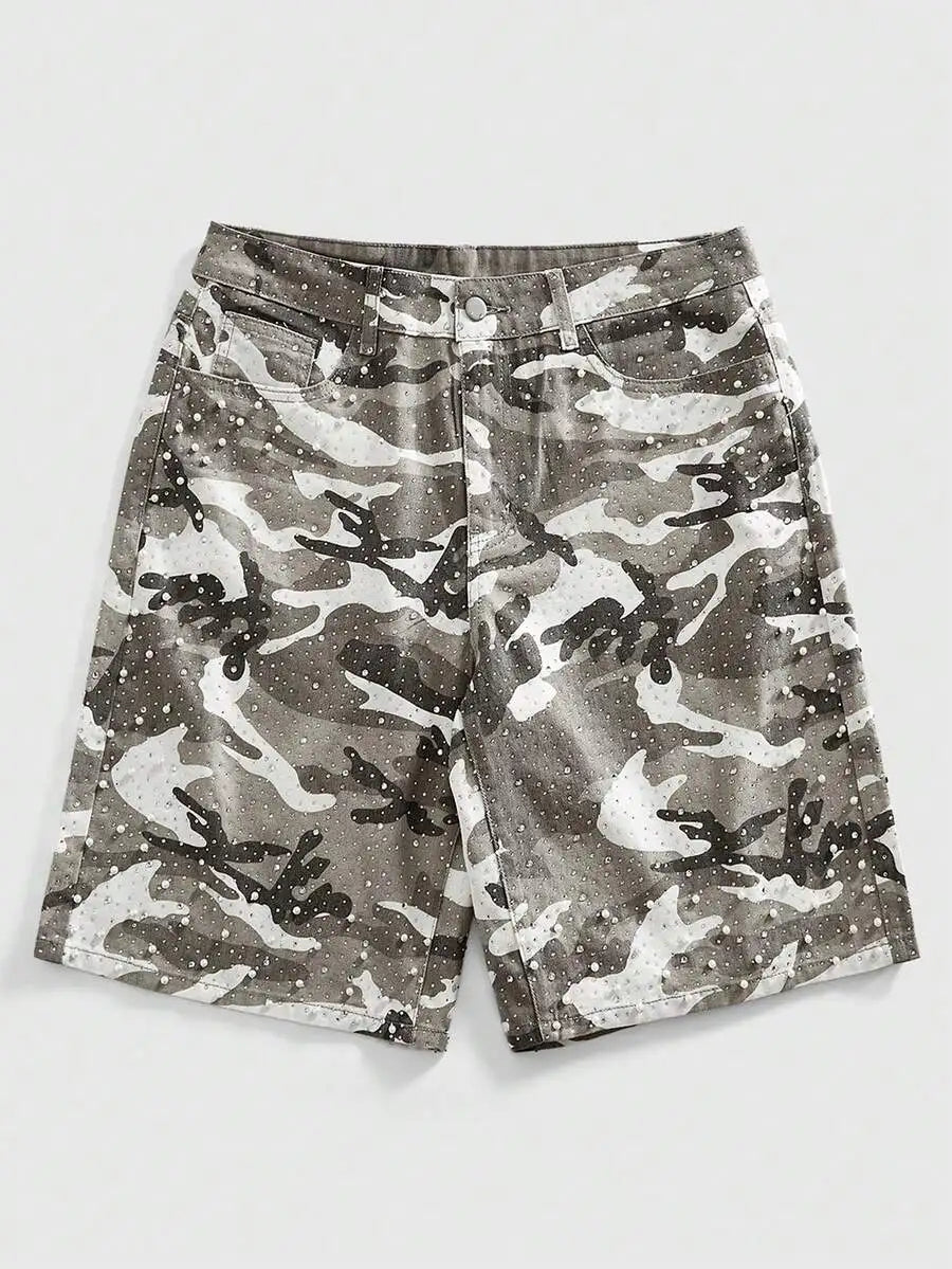 ROMWE MEN Street Life Spring/Summer Casual Men'S Pearl & Diamond Decor Loose Denim Shorts