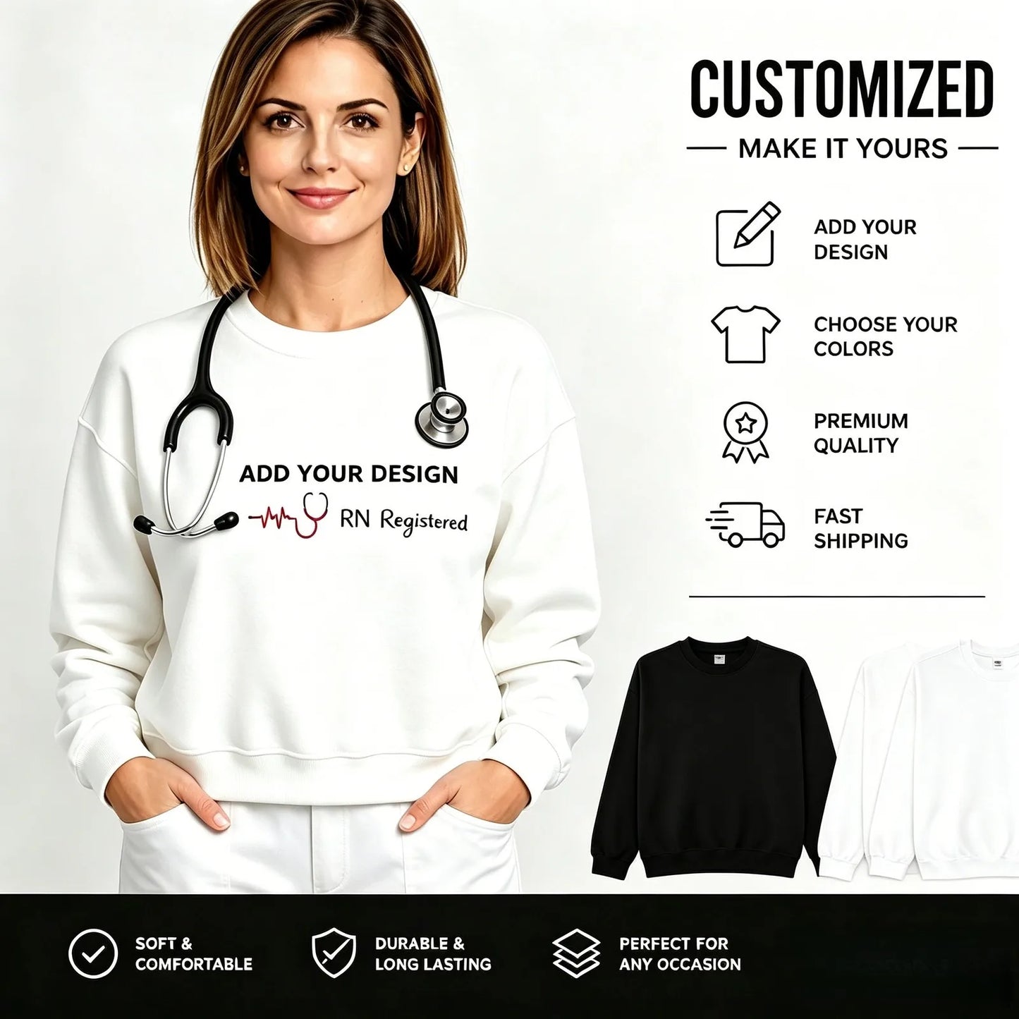 Custom Nurse Sweatshirts with Name, RN Registered, ICU, ER Gifts for Birthday