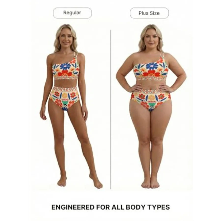 Women's High Waisted Bikini Sets One Shoulder Floral Print Swimsuits 2 Pcs Tummy Control Bathing Suits