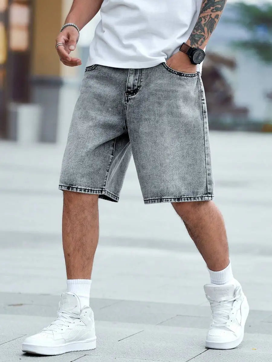 Manfinity Roughcore Men Slant Pocket Denim Shorts Summer Plain Jorts Baggy Light Grey For Husband, Boyfriend Gifts Vacation