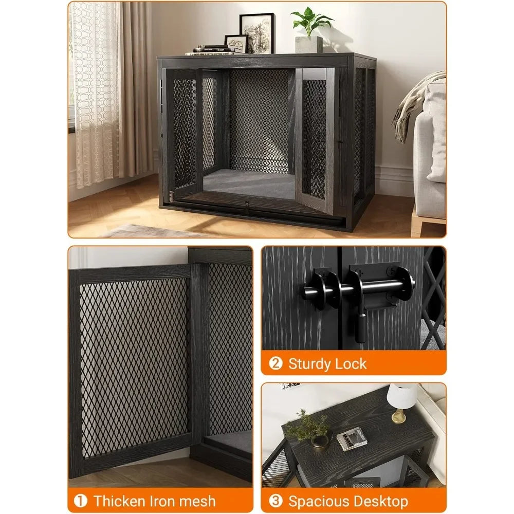 Dog Crate with Tray and Cushion, Double Doors Wooden Dog Kennel End Table, Decorative Pet Crate House Cage Indoor