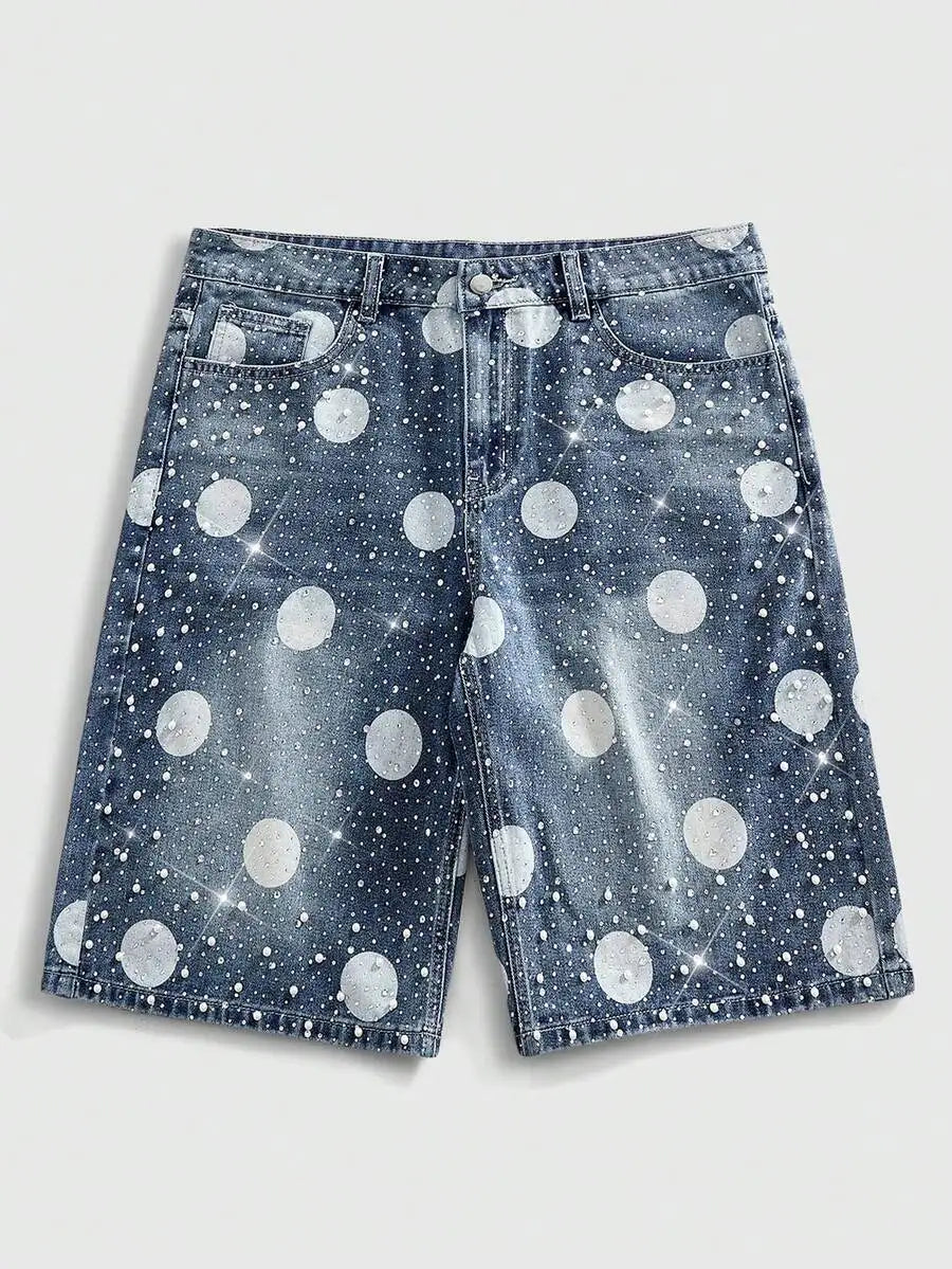 ROMWE MEN Street Life Spring/Summer Casual Men'S Pearl & Diamond Decor Loose Denim Shorts