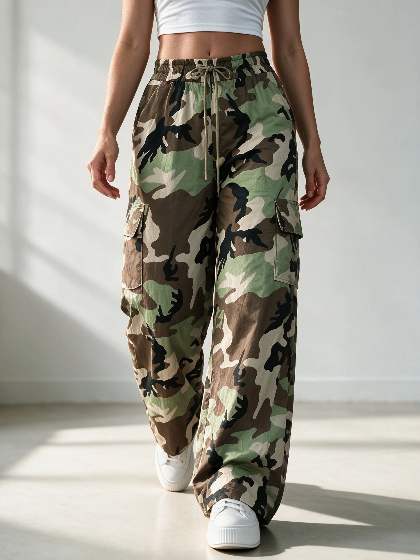High-Waist Cargo Pants Quick-Dry Lightweight Straight-Wide Leg Trousers Elastic Waistband Non-See-Through Breathable Fabric for Daily Wear 3-Color Options