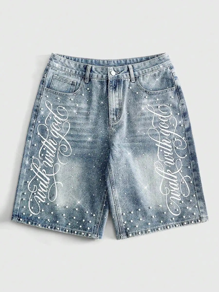 ROMWE MEN Street Life Spring/Summer Casual Men'S Pearl & Diamond Decor Loose Denim Shorts
