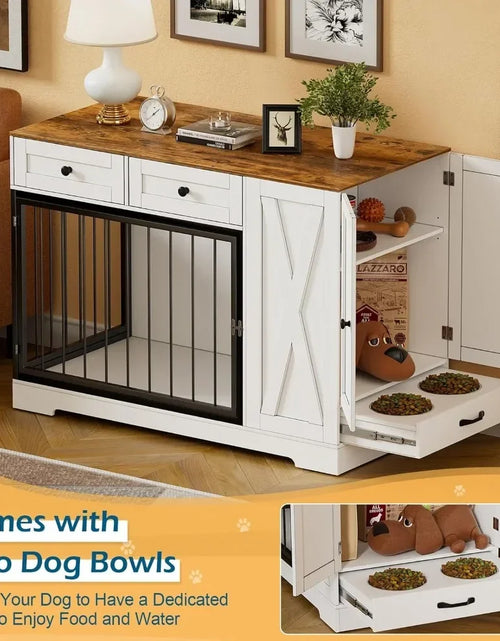 Load image into Gallery viewer, Dog Crate Furniture Kennel with Double Doors, Wooden Pet House with 2 Drawers and Pet Feeder Station Storage Cabinet
