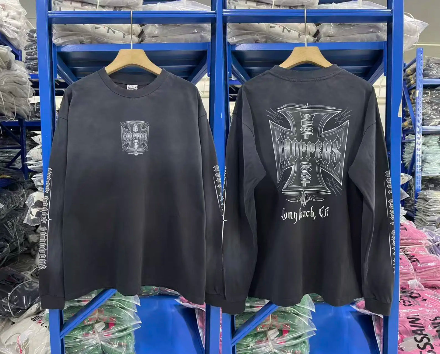 New Y2K Saint × West-Coast Choppers Co branded long sleeved washed distressed cross print 100% pure cotton loose men's long sleeved T-shirt