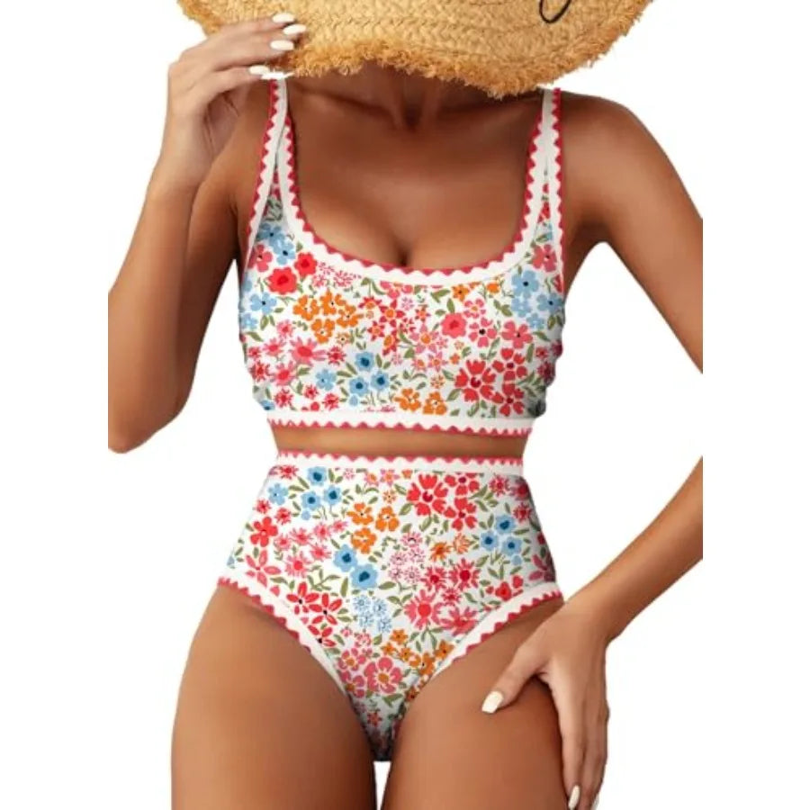 Women's Bikini Sets Floral Print Whip Stitch 2 Pcs Swimsuits High Waisted Scoop Bathing Suits