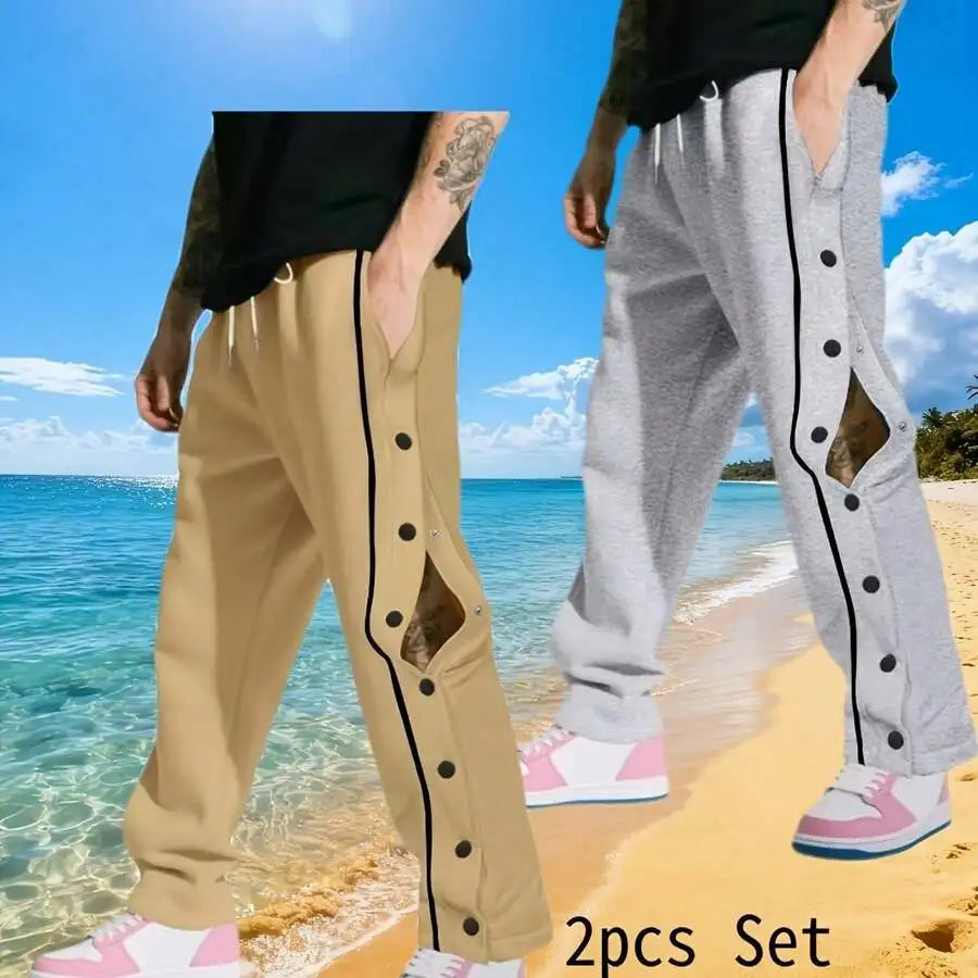 2pcs Set Mens Snap Button Workout Sweatpants, Loose Fit Straight Tear Away Running Jogger Pants, Casual Stylish Gym Yoga