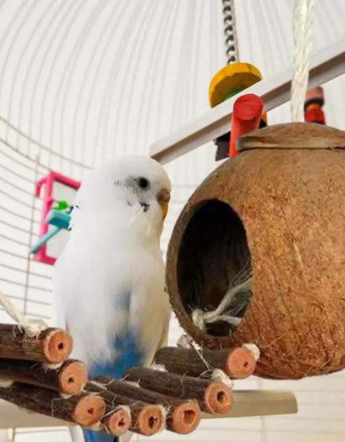 Load image into Gallery viewer, Coconut Hide Natural Bird Hide Can Store Food And Provide Warmth For Pets Coconut Hide With Ladder Bird House Cage Toy For Pet
