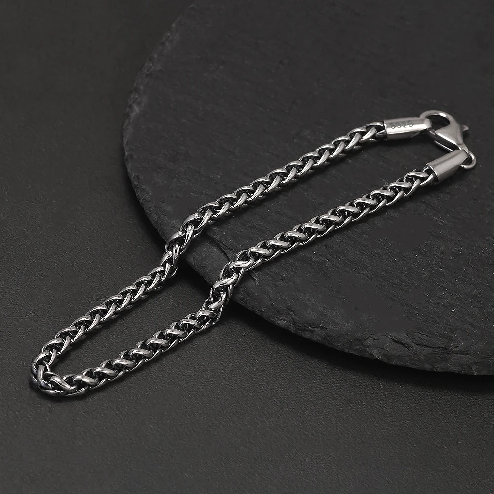 3mm 925 Sterling Silver Wheat Chain Bracelet for Men Handmade Braided Retro Simple Fashion Jewelry Gift US Local Shipping